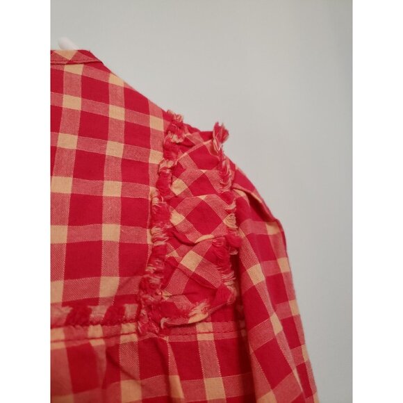 Holding Horses Women Sz 8 Flannel Shirt Red Plaid Button Roll Tab Sleeve Ruffles - Picture 6 of 8